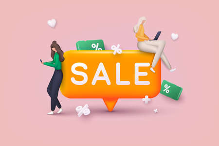 People Characters shop at an online store. Discount banner design. Online shopping concept. 3D Web Vector Illustrations.のイラスト素材