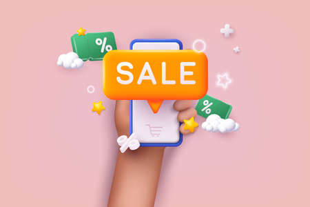 Hand holding mobile smart phone with shopp app. Discount banner design. Online shopping concept. 3D Web Vector Illustrations.のイラスト素材