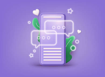 Smartphone sms speech bubbles push alerts on screen, digital or electronic chatting on cellphone. 3D Web Vector Illustrations.のイラスト素材