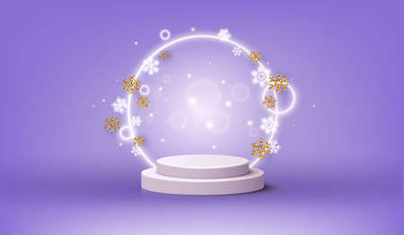 Rendering with podium and minimal stage scene, product abstract background with snowflakes and white neon decorations. 3D Web Vector Illustrations.のイラスト素材