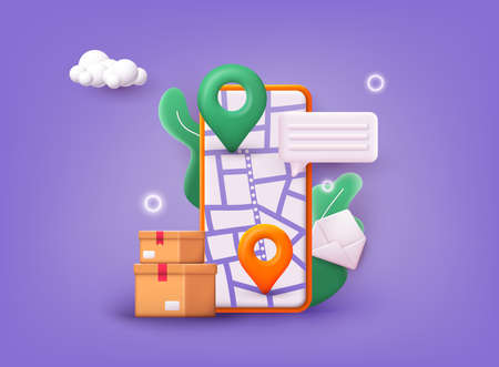 Mobile smart phone with app delivery tracking. 3D Web Vector Illustrations.のイラスト素材