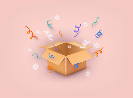 Box with celebratory confetti flying around. Winner concept. 3D Web Vector Illustrations.