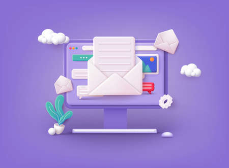 Mail service concept. Computer with open pages. 3D Web Vector Illustrations.のイラスト素材