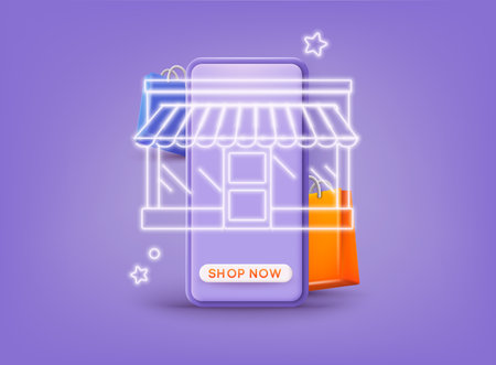 Mobile smart phone with shop app. Online shopping concept. Design graphic elements, signs, symbols. Mobile marketing and digital marketing. 3D Web Vector Illustrations.のイラスト素材