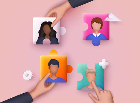 business concept. team metaphor. People connecting puzzle elements. 3D Vector Illustrations.のイラスト素材