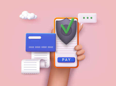 Mobile phone payment icon. Persons hand holding modern smartphone and putting online paying button...