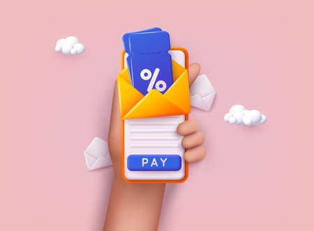 Phone with discount. Store special offers advertisement. Markdown program, loyalty program, promotional mix metaphors. 3D Web Vector Illustrations.のイラスト素材