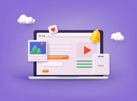 Video player, gallery, development, seo analysis concept with floating elements. Distance training, streaming, webinar, conference videos. 3D Web Vector Illustrations.のイラスト素材