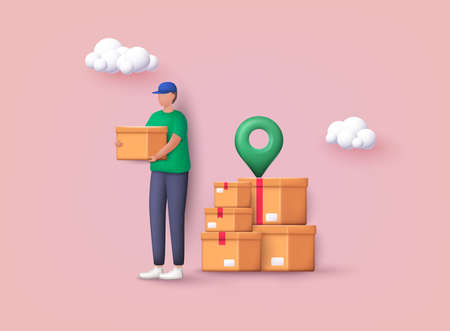 Delivery man and boxes. Courier or delivery service. Men characters with parcels boxes. 3D Vector Illustrations.のイラスト素材