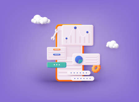 Data analytics, dashboard and business finance report. investment or website SEO screen PC concept. 3D Web Vector Illustrations.のイラスト素材