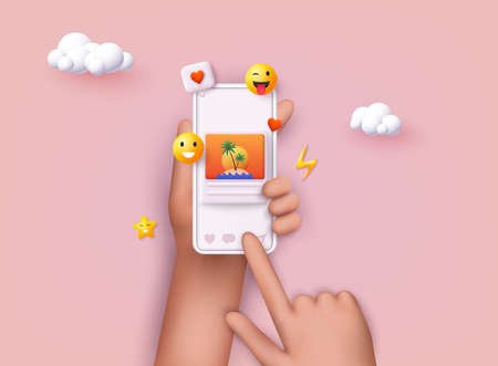 Hand holding phone with social media app. Smartphone with interface post on social network. 3D Web Vector Illustrations.のイラスト素材