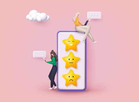 Characters giving Stars Feedback. Vector customer review concepts. Reviews stars with good and bad rate and text. 3D Web Vector Illustrations.のイラスト素材