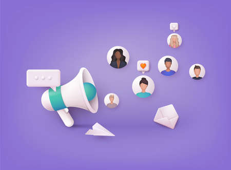 Big loudspeaker to communicate with the audience. PR agency team work on Social Media Promotion. Public Relations, Digital Marketing and Media Concept. 3D Web Vector Illustrations.のイラスト素材