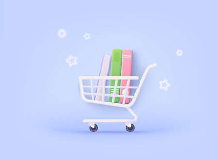 Shopping cart with tack of colored books on it. Online books shopping concept. 3D Web Vector Illustrations.のイラスト素材