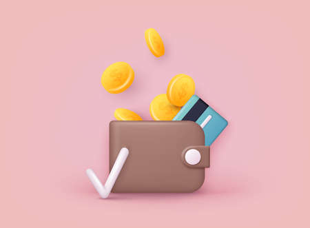 Money saving icon concept. Wallet with coins and credit card. 3D Web Vector Illustrations.のイラスト素材
