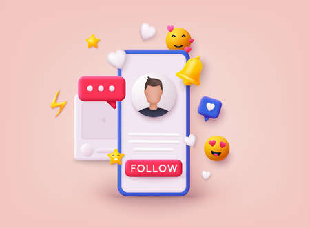 Social media platform, online social communication concept. Comment and Follower. 3D Web Vector Illustrations.のイラスト素材