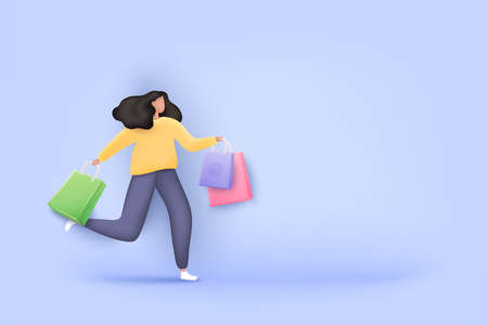 Woman enjoying shopping. Carrying shopping bags. 3D Web Vector Illustrations.のイラスト素材