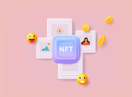 NFT marketplace with crypto art items on sale. Non-fungible token with network vector. 3D Web Vector Illustrations.のイラスト素材