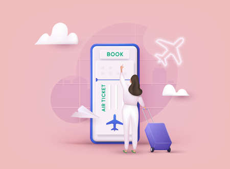 Online booking flight tickets concept on mobile phone. Time to travel concept. 3D Web Vector Illustrations.のイラスト素材