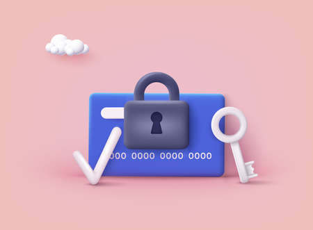 Access control card with key and lock with protection shield. Electronic opening system, security system, automatic access card concept. 3D Web Vector Illustrations.のイラスト素材