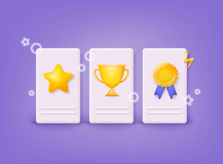 Winner cup, star and medal gold icons. Promotion discount present point, customer promo surprise. 3D Web Vector Illustrations.のイラスト素材