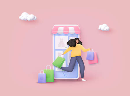 Woman enjoying shopping. Carrying shopping bags. Mobile smart phone with shop app. Online shopping concept. 3D Web Vector Illustrations.のイラスト素材