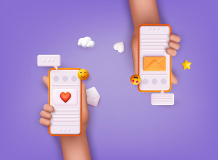 Hands holding phone with chat app. Social network concept. 3D Web Vector Illustrations.のイラスト素材