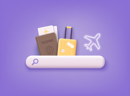Time to travel concept. Banner with passport, tickets, travel bag. 3D Web Vector Illustrations.のイラスト素材