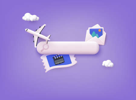 Online booking design concept for mobile phone: hotel, flight, car, tickets. 3D Web Vector Illustrations.のイラスト素材