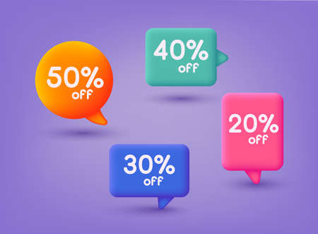 sale discount icons. Special offer price signs. 10, 20, 25 and 30 percent off reduction symbols. Speech bubbles or chat symbols. 3D Web Vector Illustrations.のイラスト素材