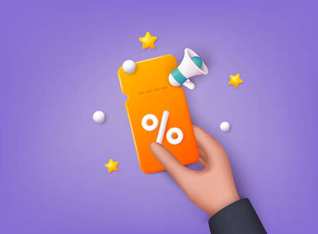 Hand with discount. Store special offers advertisement. Markdown program, loyalty program, promotional mix metaphors. 3D Web Vector Illustrations.のイラスト素材
