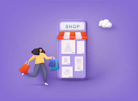 Woman enjoying shopping. Carrying shopping bags. Mobile smart phone with shop app. Online shopping concept. 3D Web Vector Illustrations.のイラスト素材