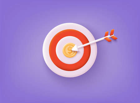 Red dart board with gold money coin and red dart. marketing time concept. business financial growth planning. 3D Web Vector Illustrations.のイラスト素材