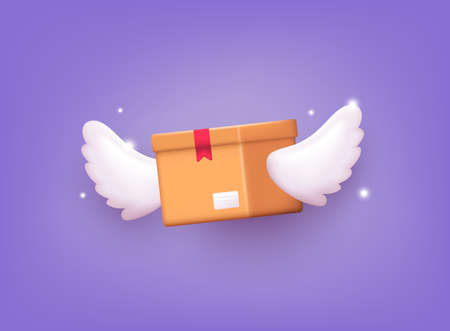Brown parcel cardboard box fly. Online delivery service or shipping and global logistics concept, quick and fast cargo shipment. 3D Web Vector Illustrations.のイラスト素材