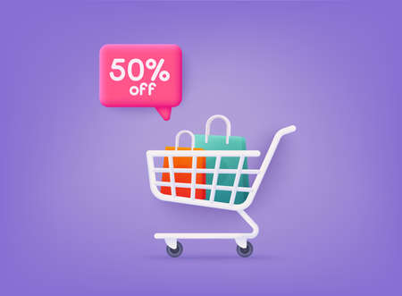 Shopping cart with sale discount sign. 3D Web Vector Illustrations.のイラスト素材