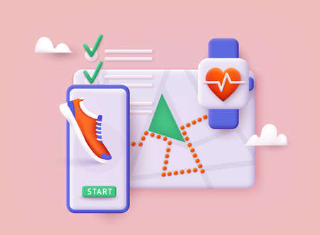 App with track displayed with route. Vector fitness route tracking concept illustration. 3D Vector Illustrations.のイラスト素材