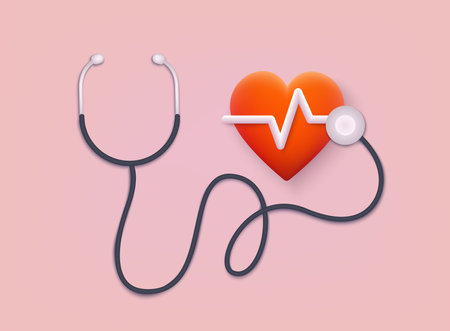 Healthcare medical horizontal poster with stethoscope and heart with beat monitor pulse line. 3D Web Vector Illustrations.のイラスト素材