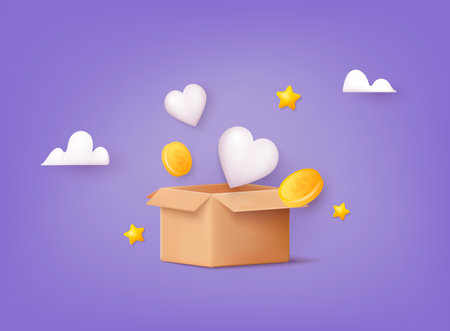 Donation Box with hearts and golden coin, money. Donation and charity concept. 3D Web Vector Illustrations.のイラスト素材