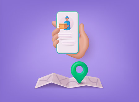 Phone with delivery app service. Delivery man and boxes. Men characters with parcels boxes. 3D Vector Illustrations.のイラスト素材