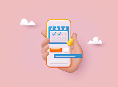 Hand holding mobile smart phone with calendar plan. Vector modern flat creative info graphic design on application. 3D Vector Illustrations.のイラスト素材