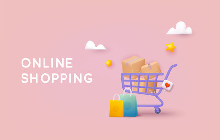 Online shopping on application and website concept, digital marketing online, shopping cart with new items. 3D Web Vector Illustrations.のイラスト素材