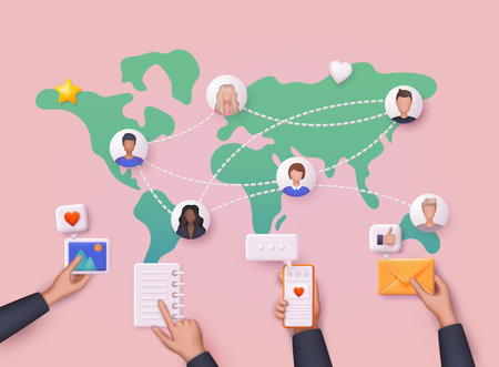 global communication network. Social media communication systems and technologies. 3D Web Vector Illustrations.のイラスト素材