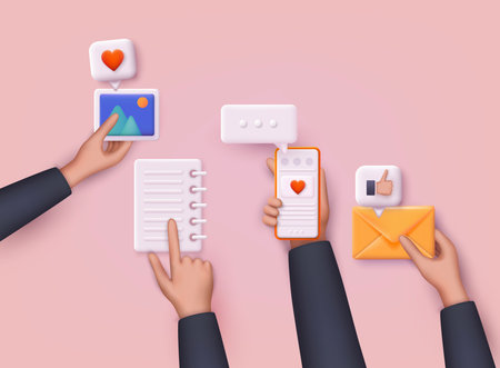 Hands holding different social media objects. Social media marketing concept. 3D Web Vector Illustrations.のイラスト素材