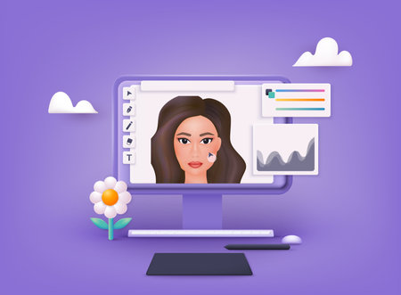 Computer display with photo design program. 3D Web Vector Illustrations.のイラスト素材