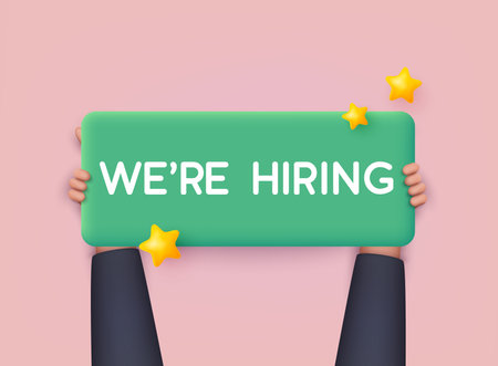 Hand holding the WE'RE HIRING banner. Business hiring and recruiting concept. 3D Web Vector Illustrations.のイラスト素材