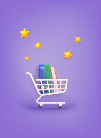 Shopping trolley with color books. Shopping cart with books. 3D Web Vector Illustrations.のイラスト素材