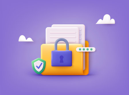 The personal data protection. Concept is data security access. Lock with password with folder. 3D Web Vector Illustrations.のイラスト素材