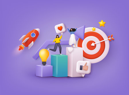 Partnership, team work, startup collaboration, target business. Business analysis, content strategy and management concept. 3D Web Vector Illustrations.のイラスト素材