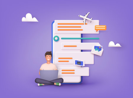 Planning schedule, business event and calendar concept. Planning strategy and time management. Man with laptop planning. 3D Web Vector Illustrations.のイラスト素材