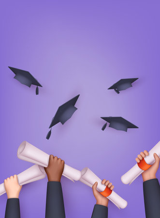 Graduating students of pupil hands in gown throwing graduation caps. Hands holding diploma graduation. 3D Web Vector Illustrations.のイラスト素材